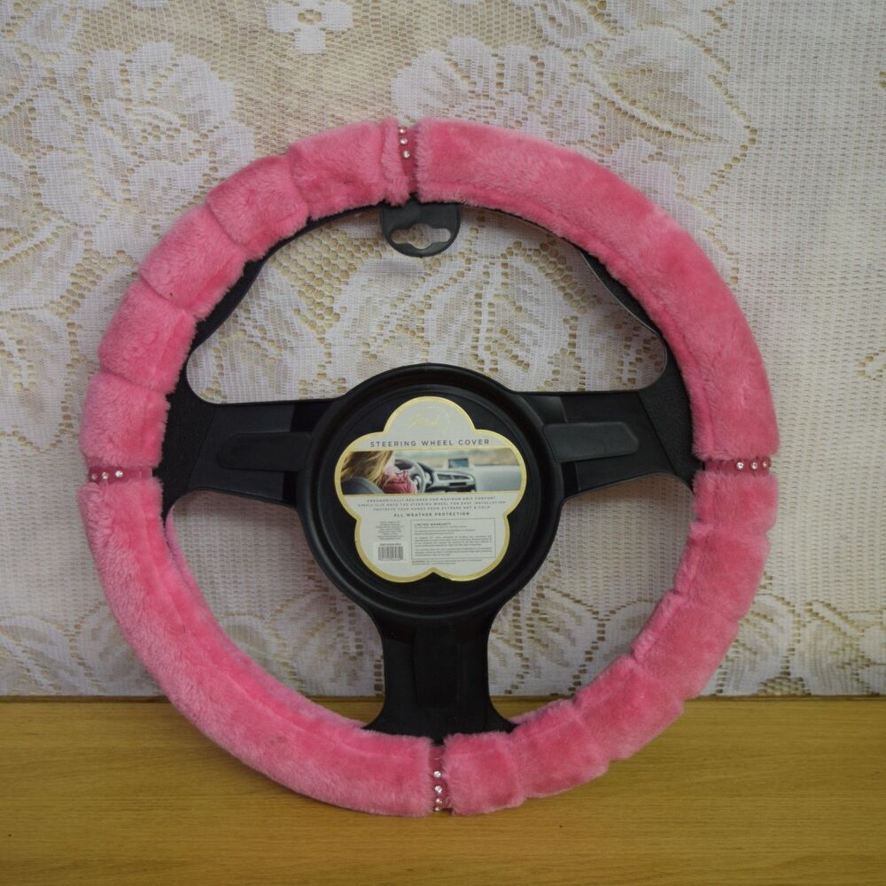 Fuzzy Pink Steering Wheel Cover Lush Auto Collection Rhinestone Glam Textured